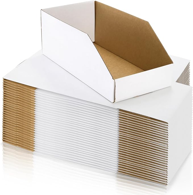 Tlence 35 Pack Cardboard Storage Bins, 12" x 6" x 4.5" Corrugated Open Top Box, White Pantry Shelf Organizer Bins for Parts Snacks, Ideal for Garage Warehouse Home Packing Moving, Easy Assembly