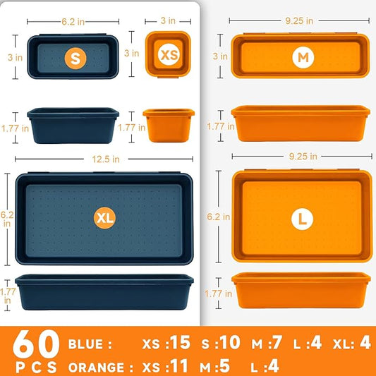 Tool Box Organizer Tray, Toolbox Desk Drawer Organizer, Tool Box Tray, Toolbox Organization Storage for Rolling Tool Chest (60PCS (Blue+Orange))