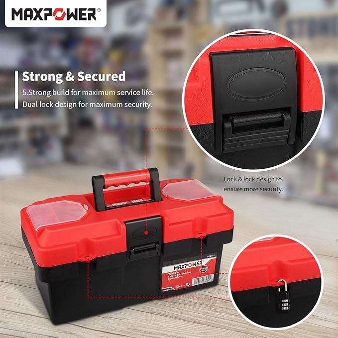 MAXPOWER Small Tool Box, 14-inch Plastic Tool Boxes with Handle, Removable Tray with Dual Lock Secured, Red Toolbox for Home