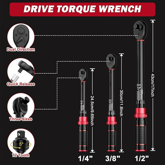 VANPO Torque Wrench Set 1/4, 3/8, 1/2-Inch Drive(20–240 in-lb, 5–45 & 10–170 ft-lb) Click Torque Wrenches Kit for Car, Motorcycle, Bike Repair - ±3% Precision, 72-Tooth, Dual Direction with Case