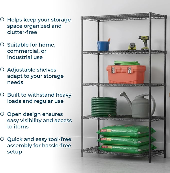 Honey-Can-Do 5-Tier Heavy-Duty Adjustable Shelves, Metal Storage Rack with 800-lb Shelf Capacity, Black, 18" W x 42" L x 72" H
