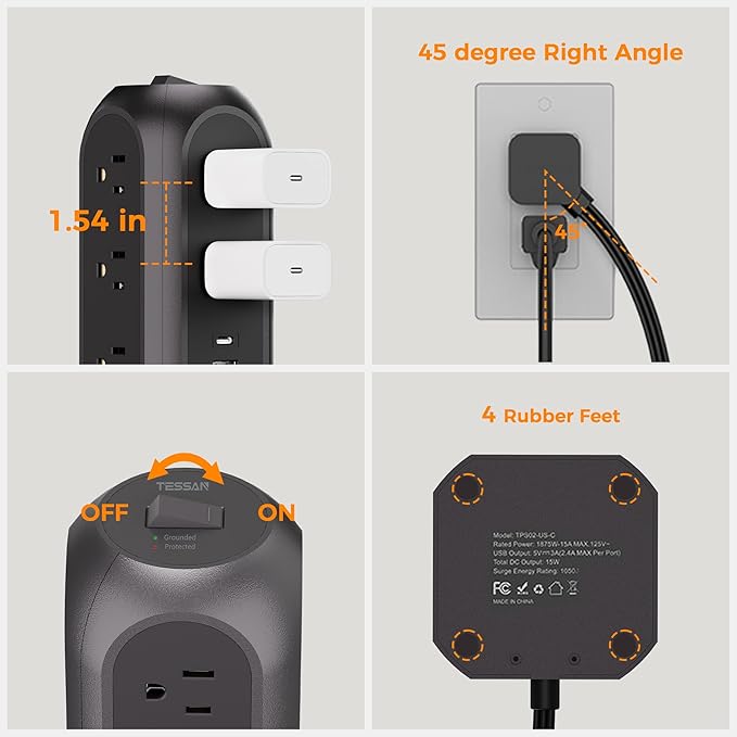 TESSAN Tower Power Strip Flat Plug with 11 Outlets 3 USB (1 USB C), Surge Protector Tower 1625W/13A,1050J Protection, 10 Feet Extension Cord with Multiple Outlets, Dorm, Office Desk Supplies, Black
