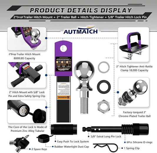 AUTMATCH Trailer Hitch Ball Mount with 2 Inch Hitch Ball - Fits 2" Receiver with Hitch Tightener, 8000Lbs Capacity Ball Hitch, 2-Inch Drop with 5/8" Hitch Lock Pin, Purple & Black