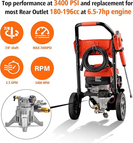 7/8" Shaft Vertical Pressure Washer Pump, Max 3400PSI 2.5GPM Replacement Pumps for Power Washer,Compatible with Honda, GCV160, GCV190,Homelite,Troybilt,Simpson,Briggs&Stratton,Rear Facing Inlet/Outlet