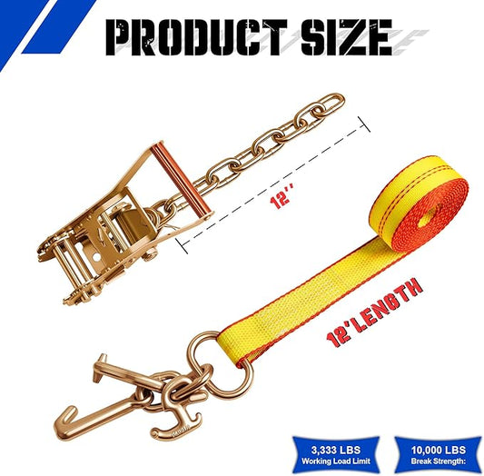 2" x 12' Winch Strap w/RTJ Cluster Hooks,4 Pack,Heavy Duty Tow Straps for Trucks, Trailers, Car Hauler, Towing & Recovery, Ratchet Wrecker Chain Strap for Auto Transport, Car Tie Down