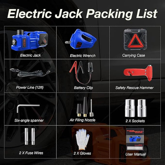 Electric Car Jack Kit with Hydraulic Lift 5-Ton, Tire Inflator & Impact Wrench Heavy-Duty 12V Floor Jack for Sedans,SUVs,MPVs & Trucks.Ideal for Tire Changes & Garage Repairs (with Electric Wrench)