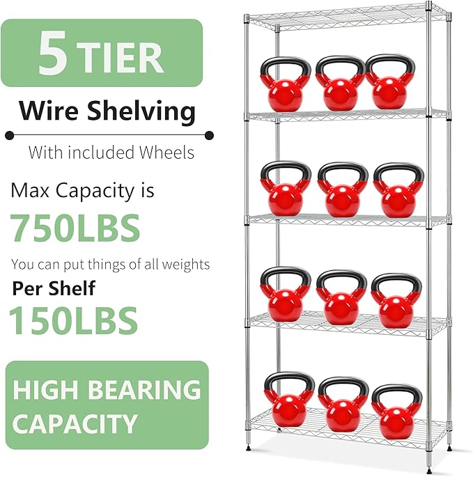 FDW 14" D×24" W×60" H Wire Shelving Unit Metal Commercial Shelf with 5 Tier Layer Rack Strong Steel for Restaurant Garage Pantry Kitchen Garage,Chrome