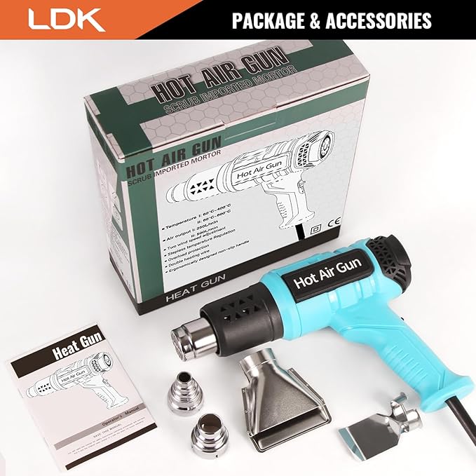 LDK Heat Gun, 140°F~1100°F Variable Temperature Control Heating Gun, 1.5s Fast Heating Heavy Duty Hot Air Gun Kit with 4 Nozzles for Crafting Shrink Tubing Vinyl Wrap