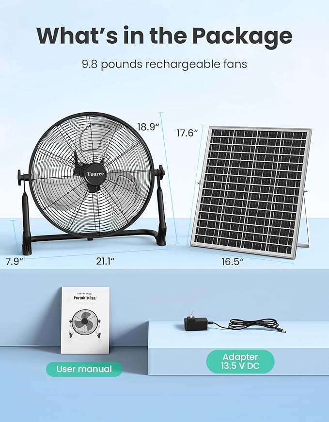 18" Portable Battery Operated Solar Fan, Rechargeable Floor Fan, Hi-Velocity Cordless Camping Fan, USB Phone Charge, 12-60H Runtime, Quiet, Wireless, For Travel Shed Outdoor Home Garage Tent Car Barn