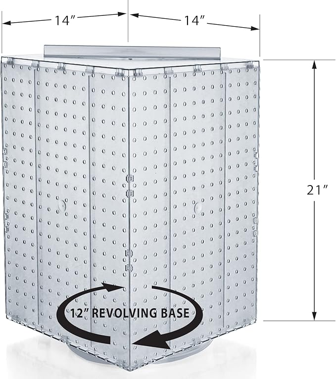 Azar Displays 701414-CLR Rotating Display Stand - 4-Sided Display Racks - Peg Display Carousel (14” W x 14” D x 20” H) - Easy Assemble Revolving Display for Retail - Pegboard Organizer, Clear