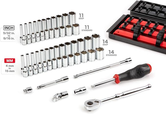 TEKTON 1/4 Inch Drive 6-Point Socket and Ratchet Set with Rails and Trays, 57-Piece (5/32-9/16 in., 4-15 mm) | SKT03301