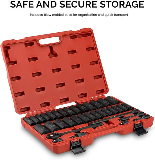 NEIKO 02446A 1/2" Impact Socket Set, 35 Piece, Deep Socket Kit Assortment, Standard SAE (3/8”-1-1/4”) and Metric MM (10-32mm) Sizes, Includes Ratchet Handle and Impact Extension Bars
