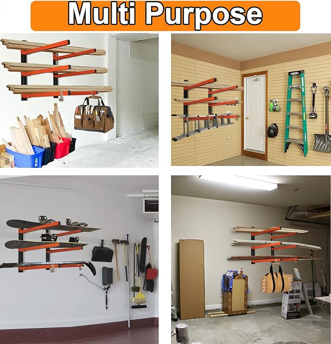 Thanaddo 3-Level Lumber Storage Heavy Duty Metal Wall Mount, Wood Tool Box Organizer Rack, Workshop Indoor & Outdoor (4 Pack)