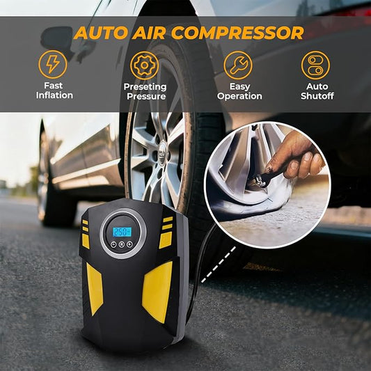 All-in-One Car Emergency Kit with Digital Tire Inflator, Jumper Cable, Tow Strap, Reflective Triangle, First Aid Kit, Hand Crank Flashlight, and Repair Tools for Roadside Safety (Black)