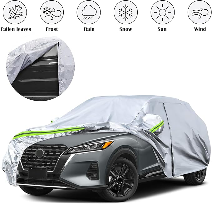 Waterproof Car Covers Replace for 2016-2025 Nissan Kicks, 6 Layers Silver All Weather Custom-fit Car Cover with Zipper Door & Windproof Bands for Snow Rain Dust Hail Protection