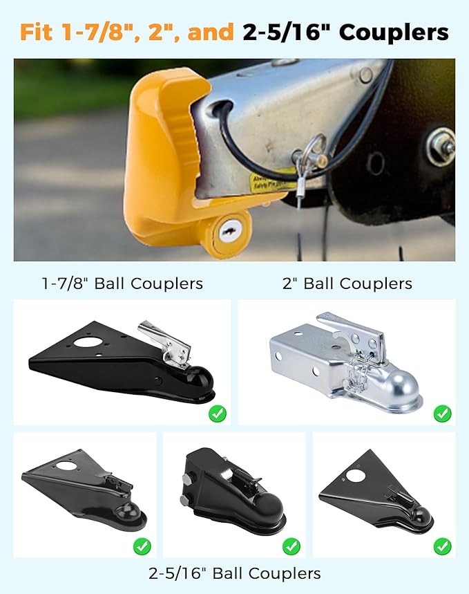 Trailer Hitch Lock Universal Size with Key Fit for 1-7/8", 2", and 2-5/16" Couplers Heavy Duty Steel by Fetechmate Trailer Locks Accessories for Boat, Vehicles and RV, Yellow