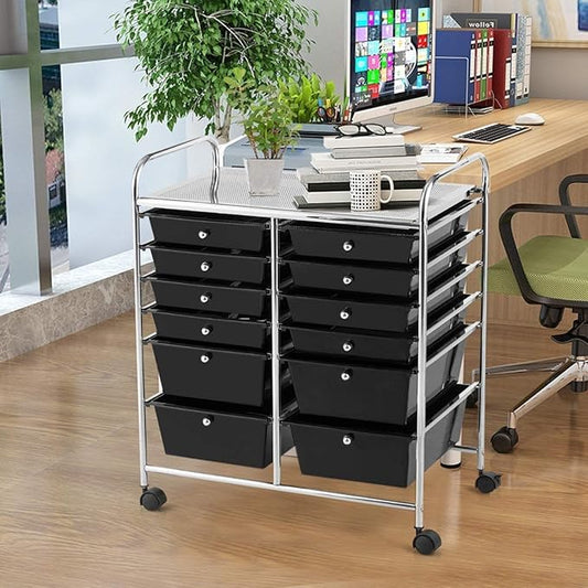 12-Drawer Rolling Storage Cart, Utility Cart Storage Shelves with 4 Universal Wheels, Tools Scrapbook Paper Organizer, Ideal for Home Kitchen Office Organizing (Black)