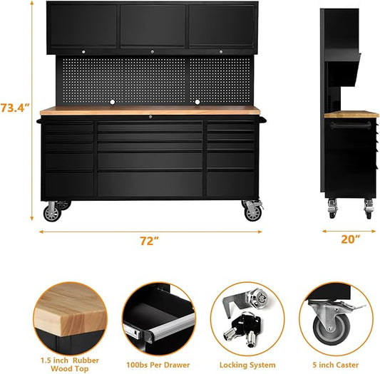 GarveeTech 72-Inch Rolling Tool Cabinet with 15 Drawers, 3 Top Cabinets & Pegboard – Mobile Garage Tool Organizer with Anti-Slip Liner for Warehouse and Repair Shop