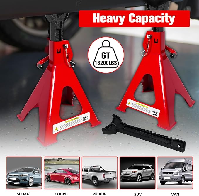 Jack Stands 6 Ton (13,200 LBs), 15.6"-23.4" Adjustable with Double Pin Locking,Heavy Duty Jack Stands with Extra Rubber Pads,Jack Stands for Trucks,Car Lifts for Home Garage,Lifting SUV,1 Pair Red