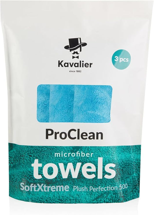 Kavalier ProClean Plush Perfection 500 Microfiber Towel - Ultra-Dense 500 GSM, 16.1x16.1'', Effective Cleaning & Detailing - Set of 3 - Blue - Ideal for Auto & Home