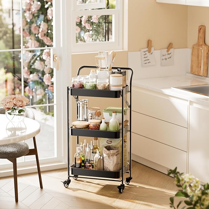 JAQ No Assembly Foldable Rolling Cart, 3 Tier Black Metal Folding Utility Cart with Handle, Heavy Duty Mobile Storage Organizer on Wheels for Office, Garage, Tools & Kitchen (Black)