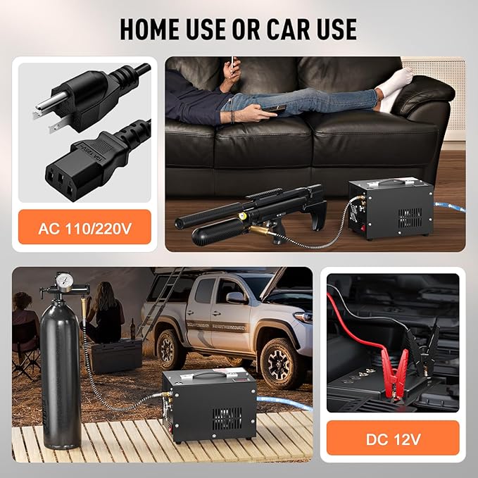 Portable PCP Air Compressor, 4500Psi/30Mpa Scuba Tank Compressor with Wire Spool, Auto-stop, DC12V/AC120V Oil/Water-Free PCP Airgun Compressor for Paintball, Air Rifle, Built-in Fan Cooling
