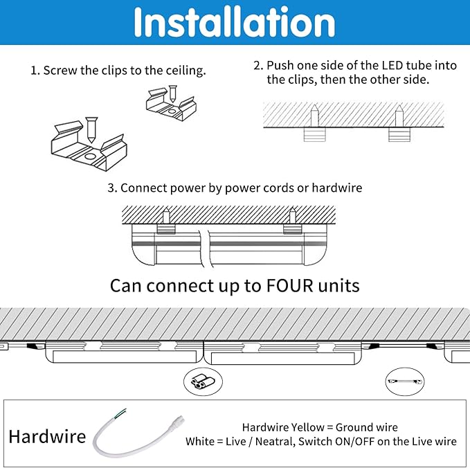 AQIQUUT Led Shop Light, Led Garage Light,2FT 25W 6500K Daylight 3200LM Linkable Clear Cover Integrated V-Shape for Shop Under Cabinet Office General Lighting,Cool White(4-Pack)