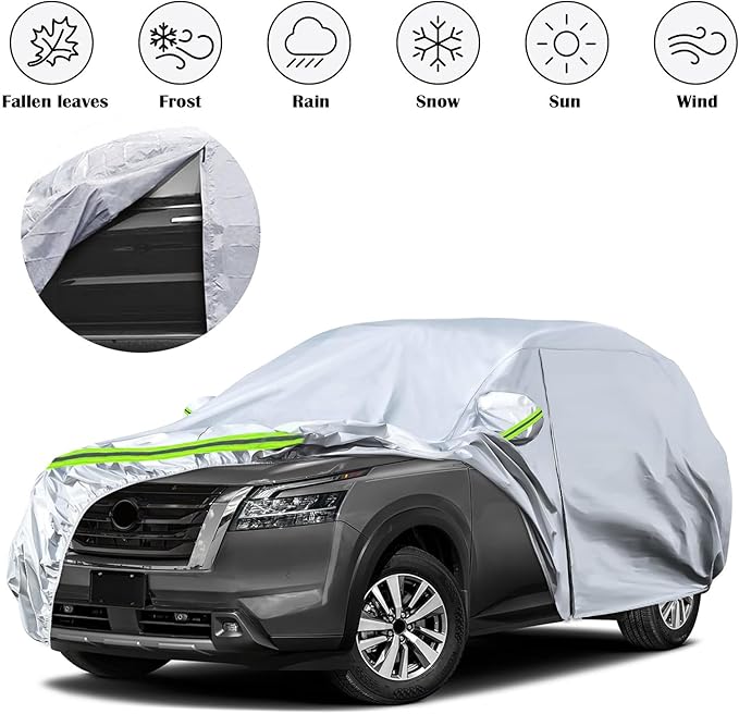 Waterproof Car Covers Replace for 2012-2025 Nissan Pathfinder, 6 Layers Silver All Weather Custom-fit Car Cover with Zipper Door & Windproof Bands for Snow Rain Dust Hail Protection