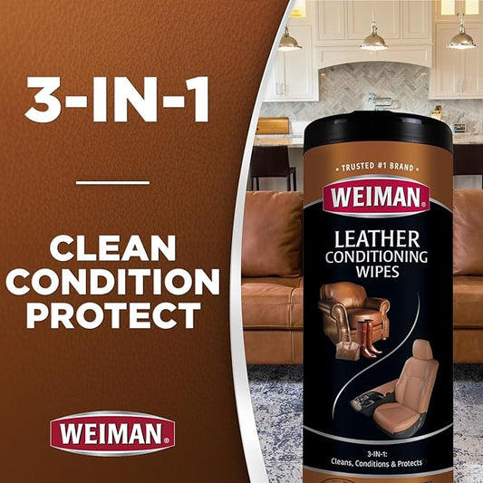 Weiman Leather Cleaner Kit Leather Wipes (30 Count) and Microfiber Cloth - Clean and Condition Car Seats and Interior, Shoes, Couches and Other Leather Surfaces