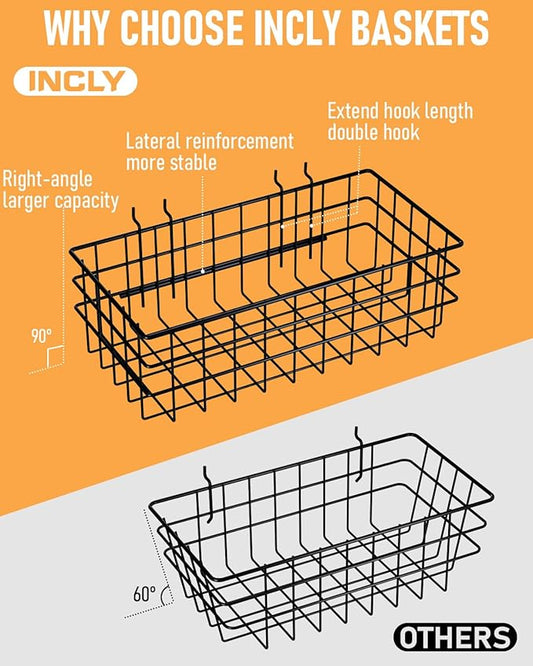 INCLY 4 Pack Pegboard Baskets Bins Set, 4 Size Square Style Black Metal Wire Basket for Any Peg Board Organizing Tools, Pegboard Accessories for Workbench Garage Wall Storage Attachments