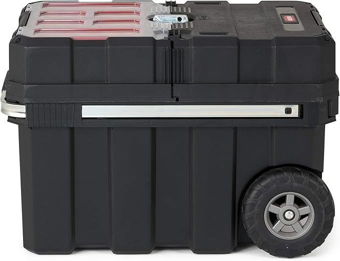 Keter Masterloader Resin Rolling Tool Box with Locking System and Removable Bins – Perfect Organization and Storage Chest for Power Drill, Tape Measure, and Screwdriver Set, Black
