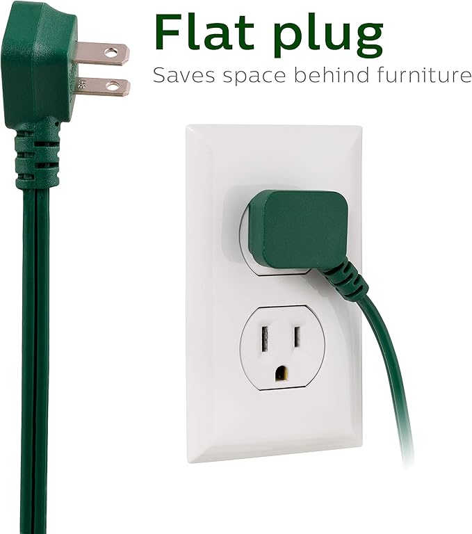 Philips Extension Cord, 15 Ft, 3-Outlet Flat Plug, Safety Slide Multiple Outlets, Indoor, 2 Prong, Green, SPS1032GE/27 (Pack of 12)