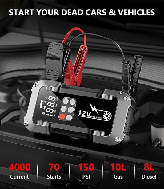 Car Jump Starter with Air Compressor, 4000A Portable Jump Starter Battery Pack with 150PSI Tire Inflator (All Gas/8L Diesel) Jump Box 12V Car Battery Charger, 3 Modes Flashlight and Jumper Cables