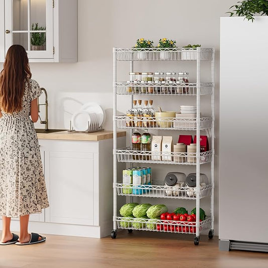 Golpart 6 Shelves Storage Shelf Wire Closet Bathroom Organizers Metal Pantry Kitchen Garage Shelving Unit Laundry Room Organization Home Rack Net Basket White with Wheels 30" Dx14 Wx65 H
