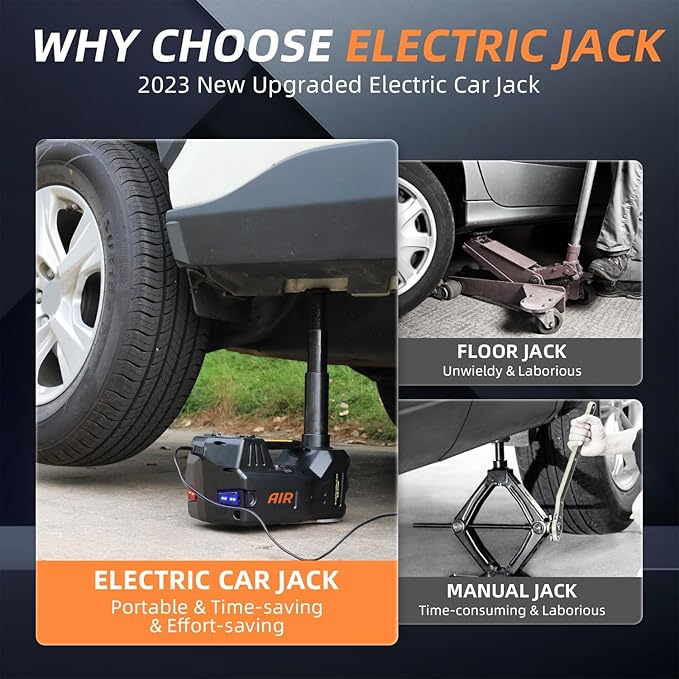 STANDTALL Electric Car Jack Quick Lifting Safe and Portable with Tire Inflator and LED Light Complete Set of Accessories 12V Hydraulic Floor Jack
