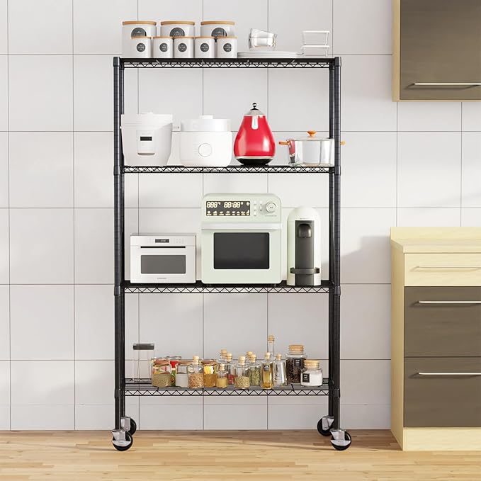 FDW 4-Tier Wire Shelving Unit Adjustable Garage Shelving 1400 lbs Weight Capacity Storage Shelves with Wheels for Home Kitchen Garage Commercial, 14" Dx36 Wx62 H, Black