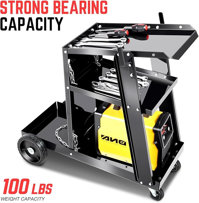 DNA Motoring Welding Cart for TIG MIG Welder and Plasma Cutter, Heavy Duty 3 Tiers Rolling Welding Cart, Rolling Welding Trolley w/360° Swivel Wheels, Tank Storage Safety Chains, TOOLS-00464