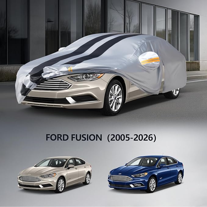 Multi-Layer Car Cover Custom Fit for Ford Fusion(205-2026), 100% Waterproof All Weather for Automobiles, Gift with Towel, Heavy Duty Car Covers for Rain Sun UV Protection with Door Zipper