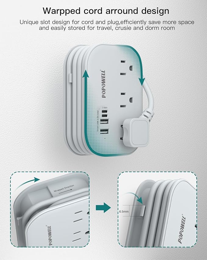 Flat Plug Power Strip- USB Travel Power Strip, 3 Outlets and 4 USB Ports(2 USBC) Desktop Charging Station, 5 Ft Wrapped Extension Cord, Non-Surge Protector for Cruise Essentials, Travel, Home, Dorm.