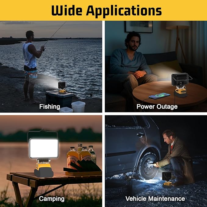 7200LM LED Work Light Compatible with Dewalt 20V Battery, 72W Cordless Floodlight with 2 USB, 1 Type-C Port, Upgraded LED Light Low Voltage Protection for Camping, Workshop, Emergency Adjustable 140°