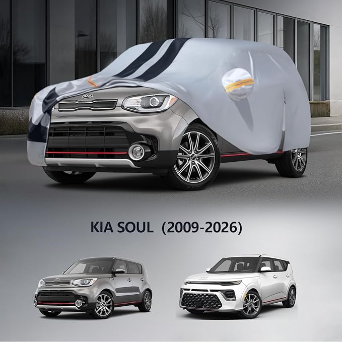 Multi-Layer Car Cover Custom Fit for Kia Soul(2009-2026), 100% Waterproof All Weather for Automobiles, Gift with Towel, Heavy Duty Car Covers for Rain Sun UV Protection with Door Zipper