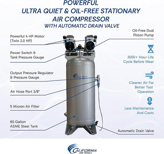 California Air Tools CAT-60040CAD 4.0 HP Ultra Quiet and Oil-Free Air Compressor, 60 Gallon Steel Tank, 75 dBA Noise Level