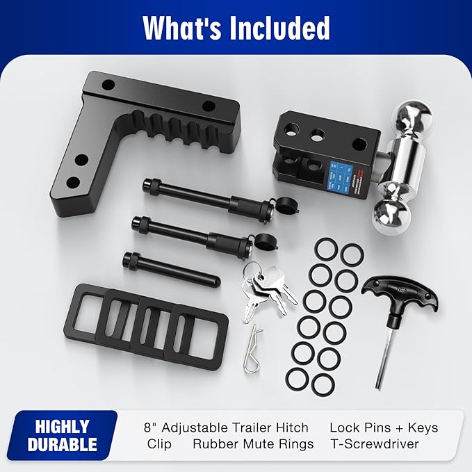 Adjustable Trailer Hitch Fits 2" Receiver - Heavy-Duty 12,500 lbs GTW Aluminum Tow Hitch with Dual Ball (2" & 2-5/16"), 8" Drop/Rise, 4 Silencer Pads & Anti-Theft Lock for Trucks and SUVs