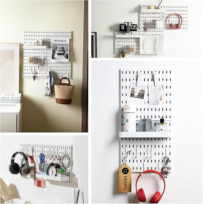 Keepo Pegboard Combination Kit with Modular Accessories, Wall Organizer for Gaming Setup, Crafts, and Ornament Display, Peg Board for Bedroom, Office, Home (White, 22″×11″)