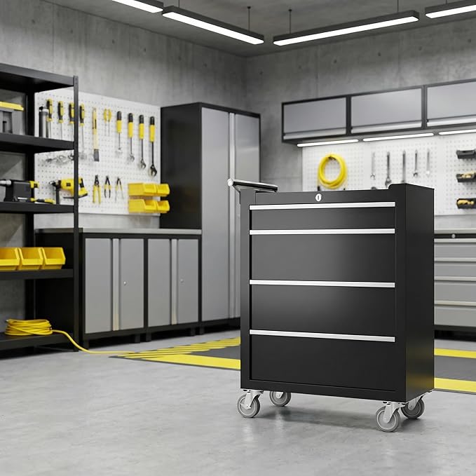 IDEALHOUSE Rolling Tool Chest, 4 Drawers Tool Storage Cabinet, Toolbox with Wheels, Portable Tool Cabinet Organizer with Locking System & Drawer Liners, Tool Storage Cart for Garage, Workshop, Black