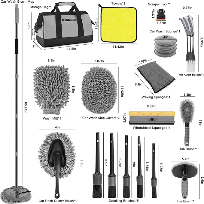 THINKWORK Car Wash Kit, Car Washing Brush with Long Handle, Extendable Car Wash Brush Mop with 2-in-1 Windshield Squeegee and 9Pcs Detailing Brushes, Gray Car Detailing Kit Gift for Men