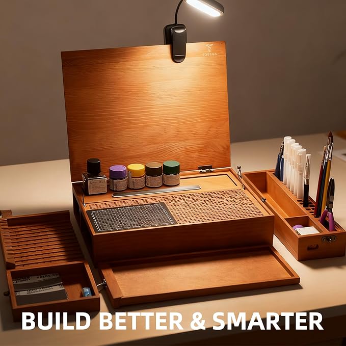 Model Building Station, Portable Model Building Workbench with Light & Cutting Mat Model Kit Tool Storage for Model and Miniatures, Folding Worktable Model Pieces Shelves