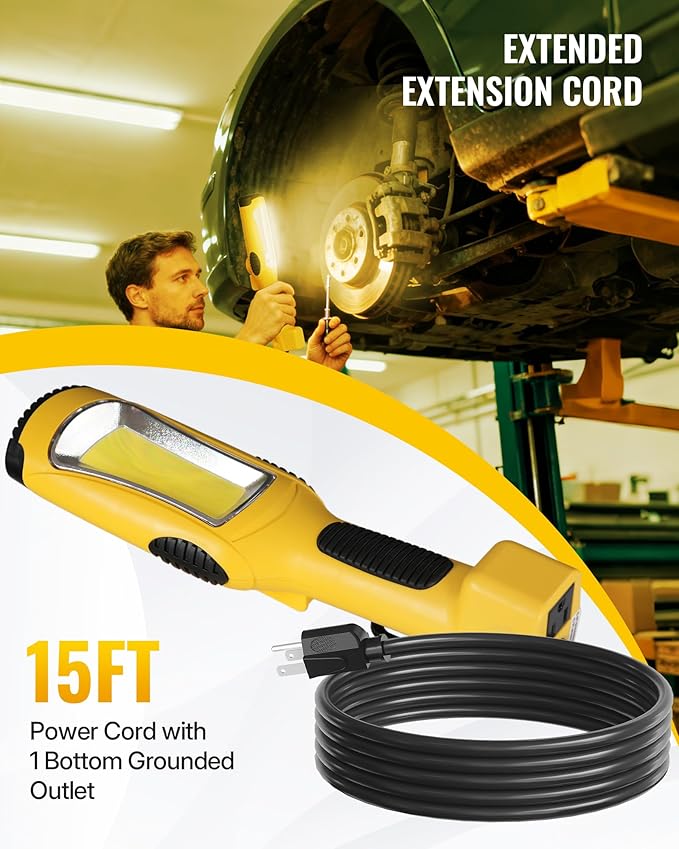 24W LED Work Light, 15FT 3000LM COB LED Light, Handheld Underhood Trouble Light with Cord 16 Gauge SJTW, Swivel Hook, for Garage, Workshop, Car Repair Scene, ETL Listed, Yellow Y05WL06