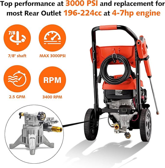 3000 Psi Pressure Washer Pump, 7/8" Shaft Vertical Power Washer Pump Replacement 2700-3000 PSI Universal Pressure Washer Pumps for Pressure Washer