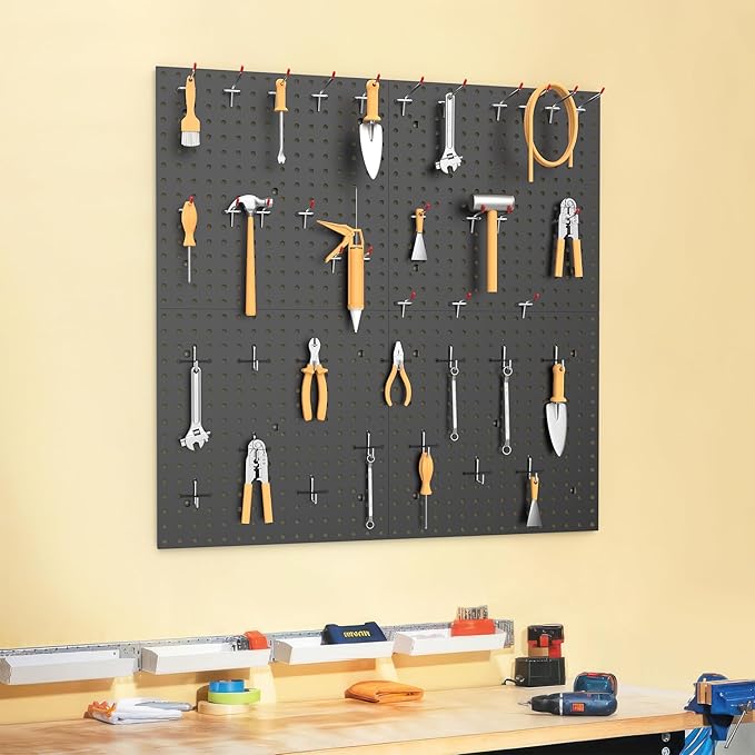 WALMANN 4 PCS 16" x 16" Metal Pegboard Panels for Wall Garage Tools Pegboard for Garage, Workbench, Peg Board Tool Organizer Board(Pack of 4, Black)